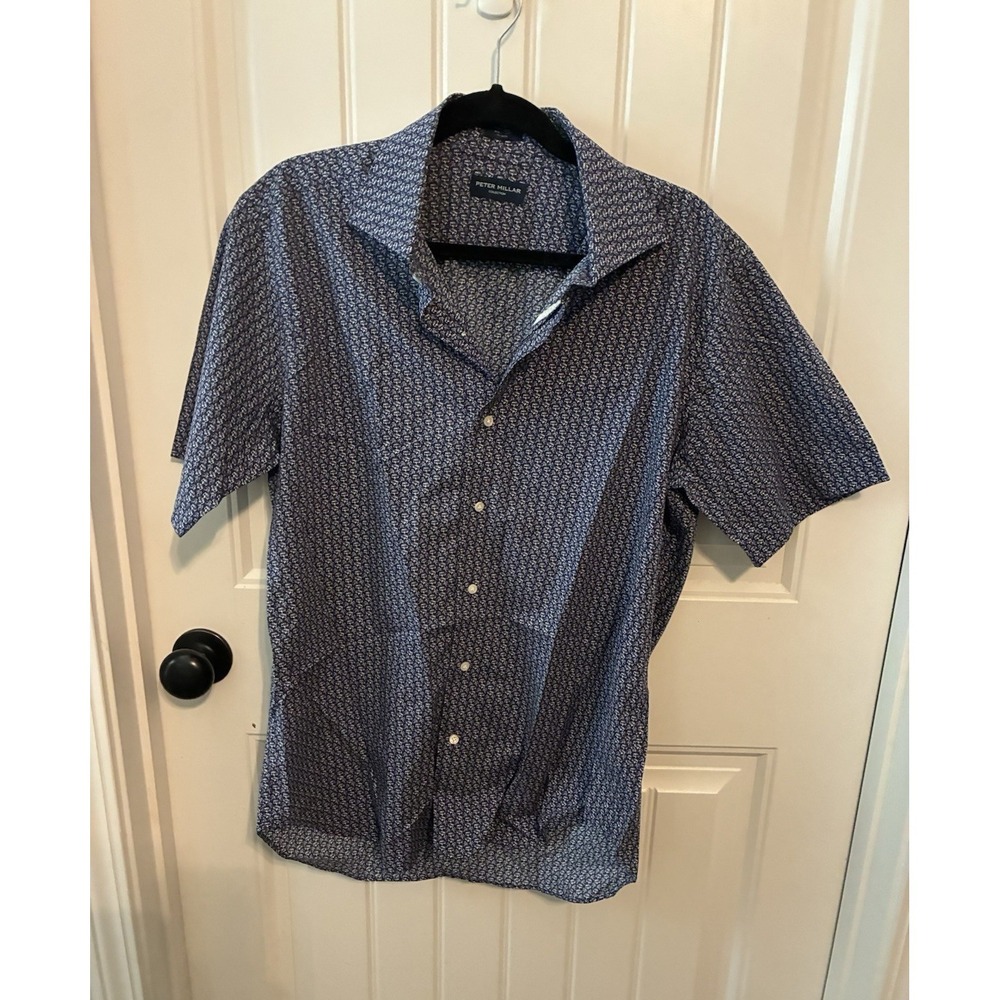 Peter Millar Navy Blue Micro Geometric Short Sleeve Button Down Shirt Mens L